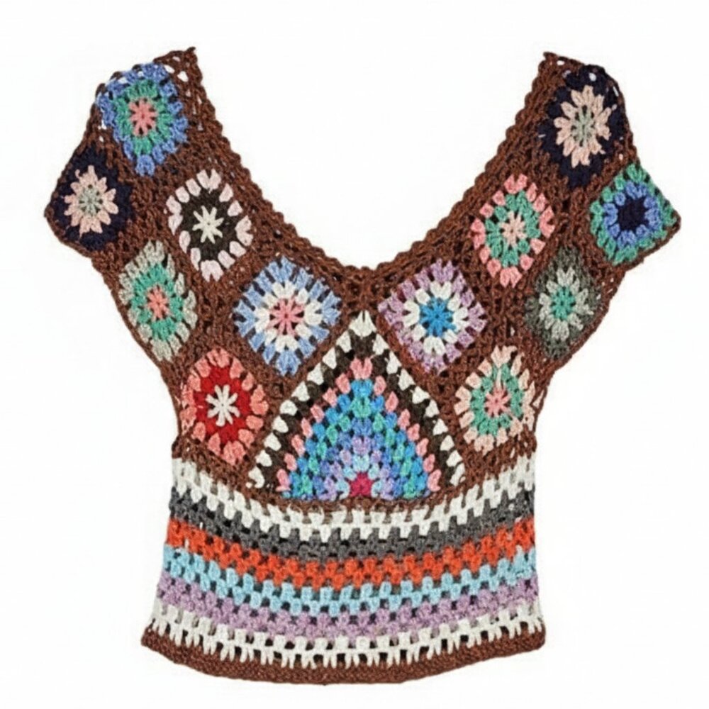 SHEIN Granny Square Crochet Crop Top Boho Multicolor Patchwork V-Neck Knit Small